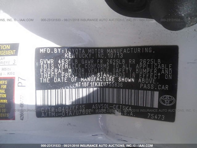 4T1BF1FKXEU755836 - 2014 TOYOTA CAMRY L/SE/LE/XLE Ağ foto 9