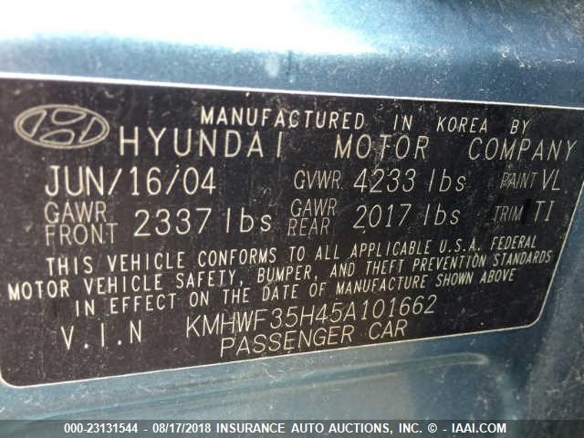 KMHWF35H45A101662 - 2005 HYUNDAI SONATA GLS/LX GREEN photo 9