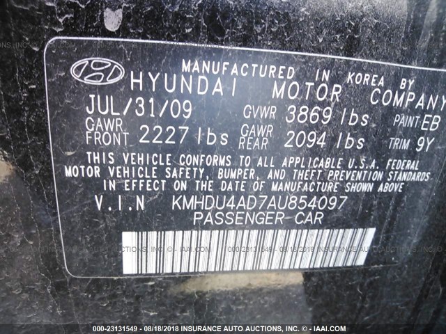 KMHDU4AD7AU854097 - 2010 HYUNDAI ELANTRA BLUE/GLS/SE BLACK photo 9