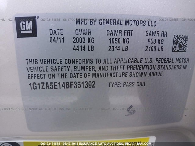 1G1ZA5E14BF351392 - 2011 CHEVROLET MALIBU LS GOLD photo 9