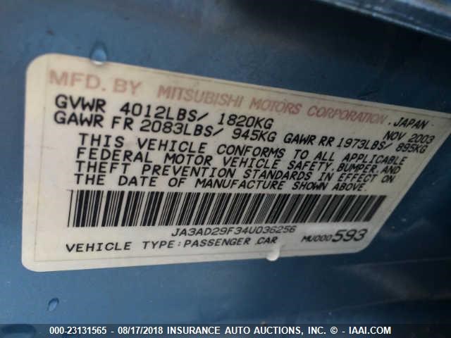 JA3AD29F34U036256 - 2004 MITSUBISHI LANCER LS BLUE photo 9