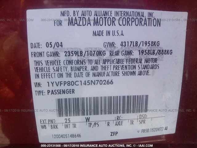 1YVFP80C145N70266 - 2004 MAZDA 6 I RED photo 9