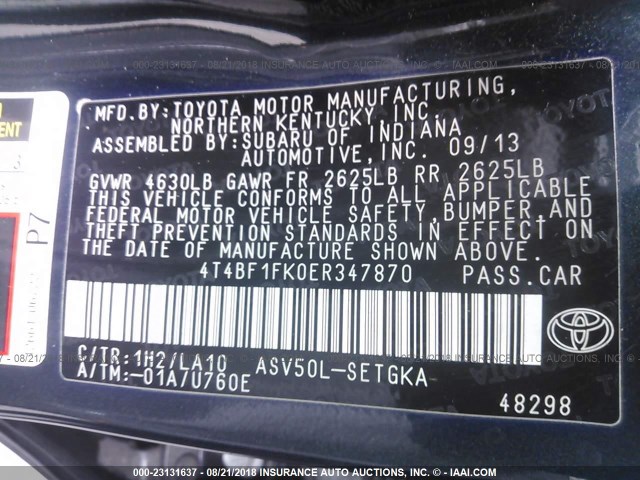 4T4BF1FK0ER347870 - 2014 TOYOTA CAMRY L/SE/LE/XLE BLACK photo 9