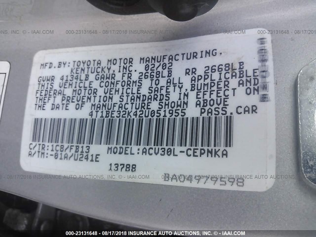 4T1BE32K42U051955 - 2002 TOYOTA CAMRY LE/XLE/SE Gümüş foto 9