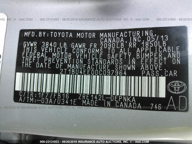 2T1BU4EE0DC097964 - 2013 TOYOTA COROLLA S/LE SILVER photo 9