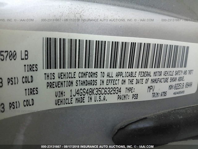 1J4GS48K35C632934 - 2005 JEEP GRAND CHEROKEE LAREDO/COLUMBIA/FREEDOM 银色 照片 9