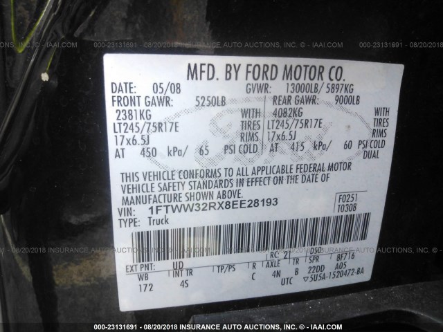1FTWW32RX8EE28193 - 2008 FORD F350 SUPER DUTY BLACK photo 9