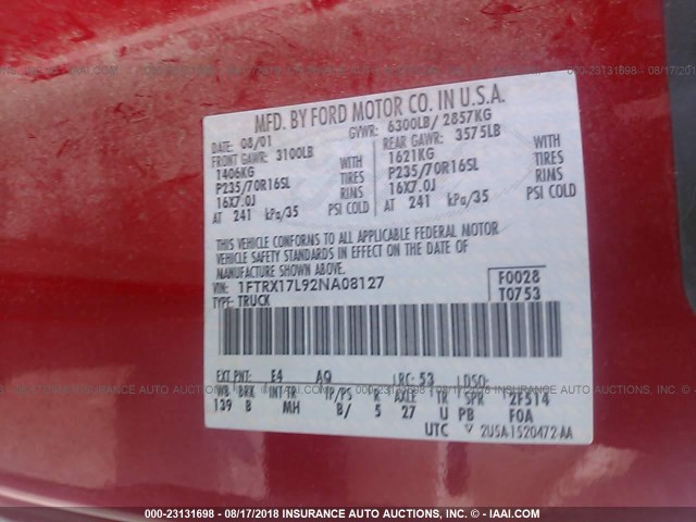 1FTRX17L92NA08127 - 2002 FORD F150 RED photo 9