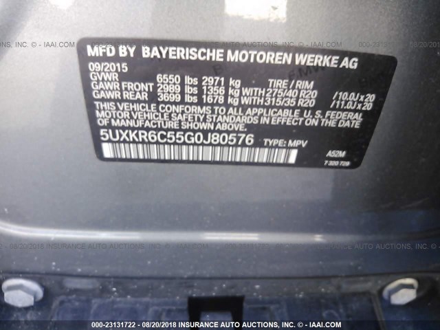 5UXKR6C55G0J80576 - 2016 BMW X5 XDRIVE50I GRAY photo 9