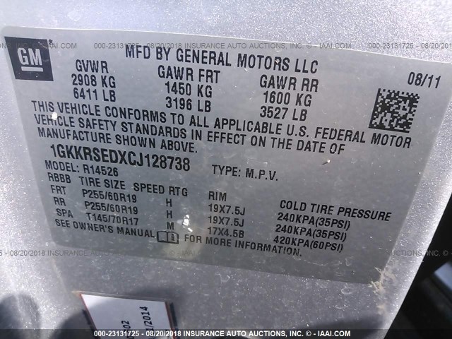 1GKKRSEDXCJ128738 - 2012 GMC ACADIA SLT-2 SILVER photo 9