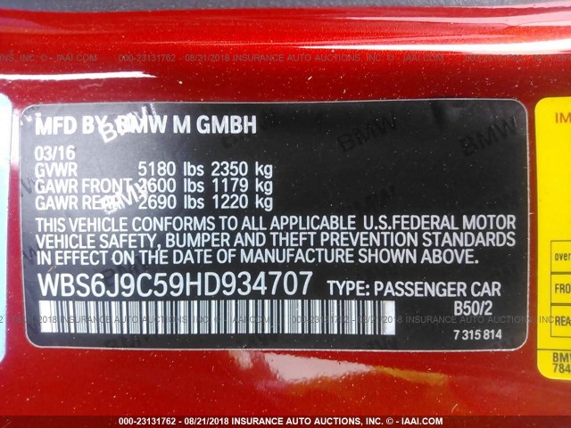 WBS6J9C59HD934707 - 2017 BMW M6 RED photo 9