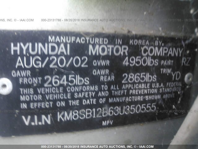 KM8SB12B63U350555 - 2003 HYUNDAI SANTA FE GL GRAY photo 9