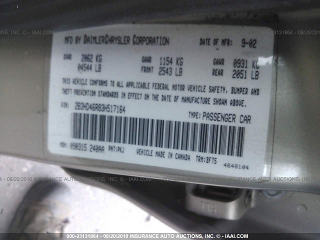 2B3HD46R83H517164 - 2003 DODGE INTREPID SE GOLD photo 9