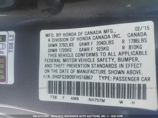 2HGFG3B09FH516867 - 2015 HONDA CIVIC EXL 灰色 照片 9