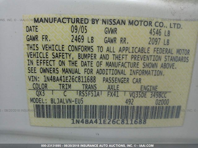 1N4BA41E26C811688 - 2006 NISSAN MAXIMA SE/SL WHITE photo 9