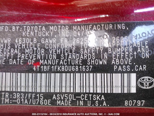 4T1BF1FK8DU681637 - 2013 TOYOTA CAMRY L/SE/LE/XLE Qırmızı foto 9