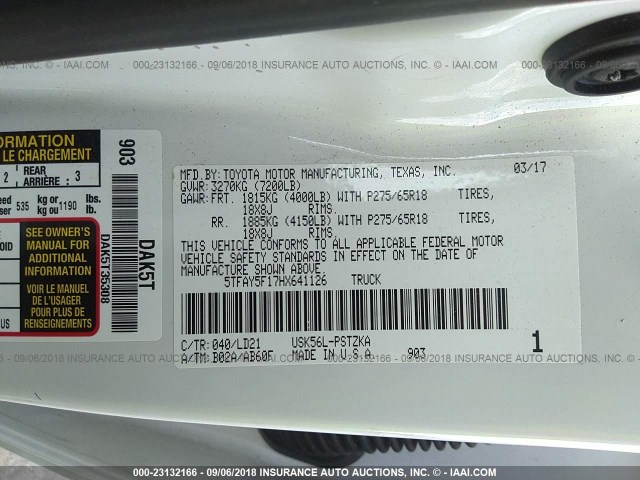 5TFAY5F17HX641126 - 2017 TOYOTA TUNDRA CREWMAX 1794/PLATINUM 白色 照片 9