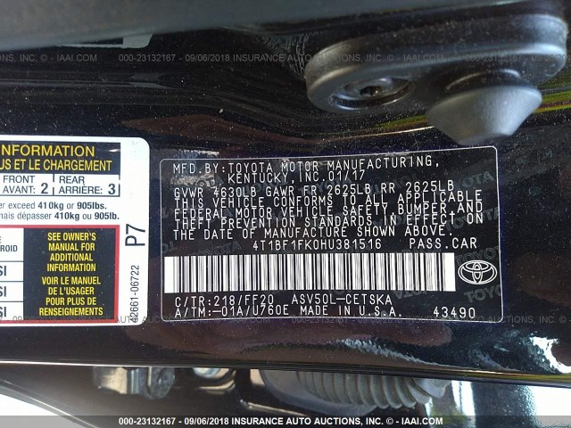 4T1BF1FK0HU381516 - 2017 TOYOTA CAMRY LE/XLE/SE/XSE BLACK photo 9