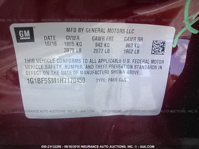 1G1BF5SM1H7170450 - 2017 CHEVROLET CRUZE PREMIER RED photo 9