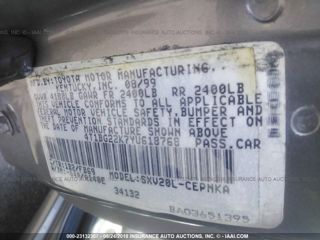 4T1BG22K7YU618768 - 2000 TOYOTA CAMRY CE/LE/XLE 灰色 照片 9
