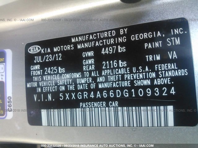 5XXGR4A66DG109324 - 2013 KIA OPTIMA SX SILVER photo 9