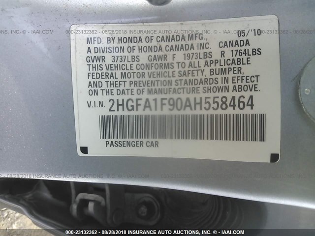 2HGFA1F90AH558464 - 2010 HONDA CIVIC EXL 银色 照片 9