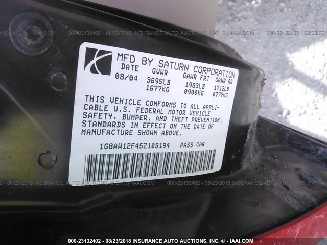 1G8AW12F45Z105194 - 2005 SATURN ION LEVEL 3 RED photo 9