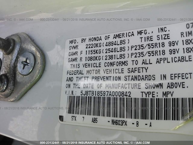 5J8TB18597A000842 - 2007 ACURA RDX TECHNOLOGY WHITE photo 9