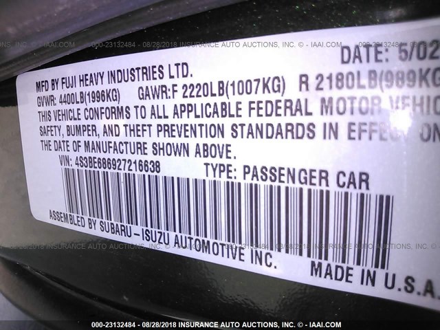 4S3BE686927216638 - 2002 SUBARU LEGACY OUTBACK LIMITED GREEN photo 9