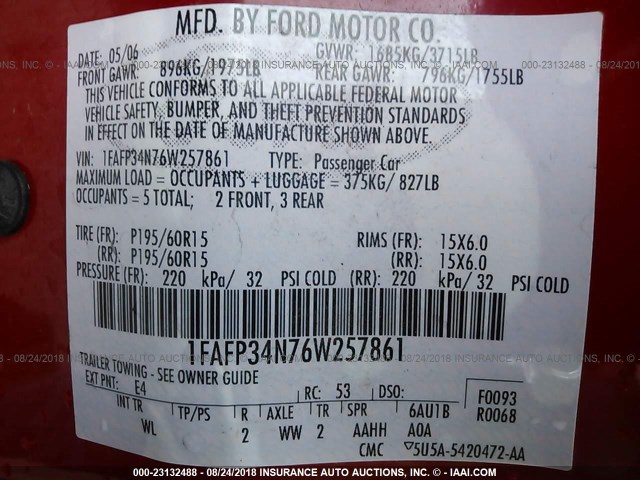 1FAFP34N76W257861 - 2006 FORD FOCUS ZX4 RED photo 9