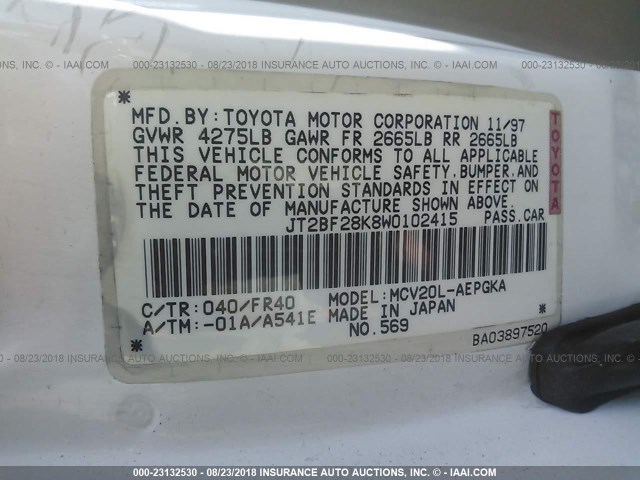 JT2BF28K8W0102415 - 1998 TOYOTA CAMRY LE/XLE WHITE photo 9