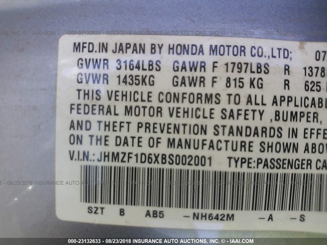 JHMZF1D6XBS002001 - 2011 HONDA CR-Z EX SILVER photo 9