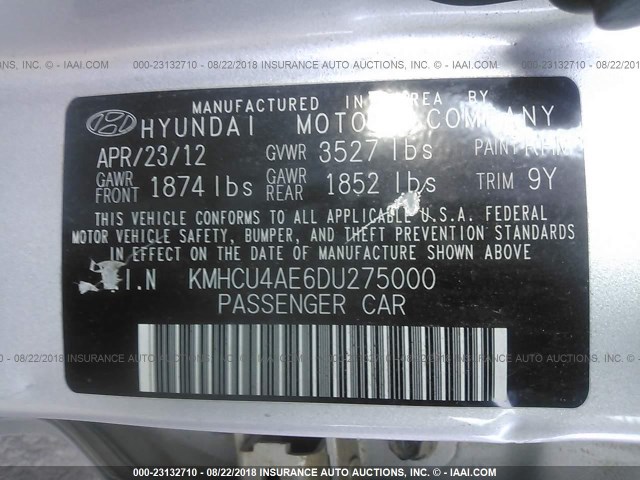 KMHCU4AE6DU275000 - 2013 HYUNDAI ACCENT GLS/SE SILVER photo 9