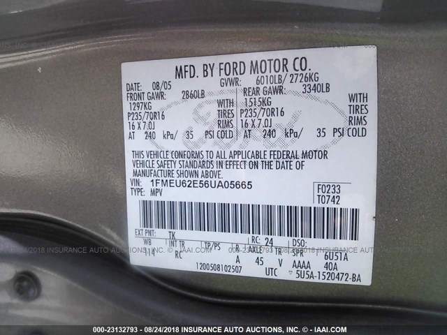 1FMEU62E56UA05665 - 2006 FORD EXPLORER XLS TAN photo 9