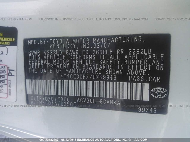 4T1CE30P77U759949 - 2007 TOYOTA CAMRY SOLARA SE/SLE თეთრი ფოტო 9