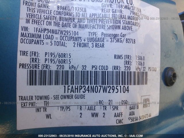 1FAHP34N07W295104 - 2007 FORD FOCUS ZX4/S/SE/SES 蓝色 照片 9