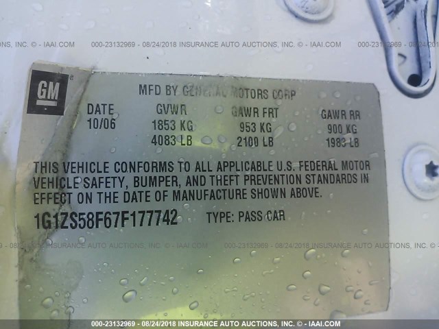 1G1ZS58F67F177742 - 2007 CHEVROLET MALIBU LS Ağ foto 9