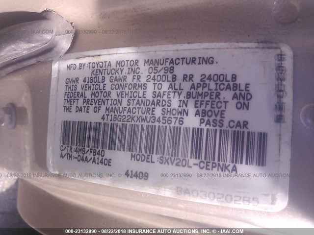 4T1BG22KXWU345676 - 1998 TOYOTA CAMRY CE/LE/XLE 金色 照片 9