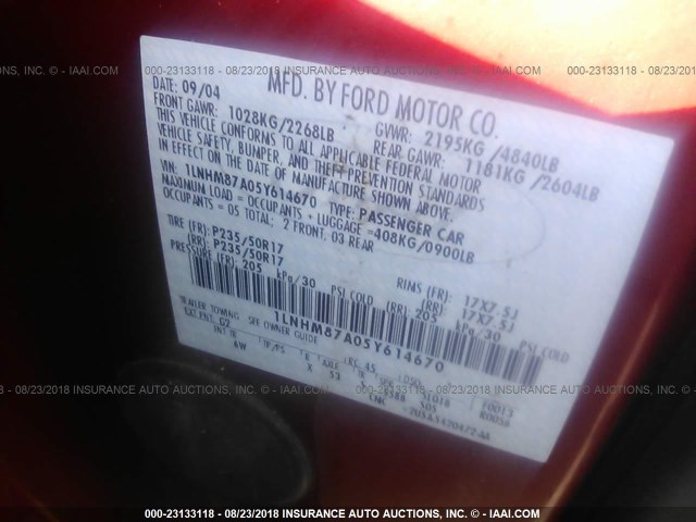 1LNHM87A05Y614670 - 2005 LINCOLN LS 栗色 照片 9