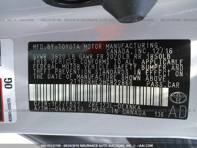 2T1BURHE2HC822866 - 2017 TOYOTA COROLLA L/LE/XLE/SE/XSE SILVER photo 9