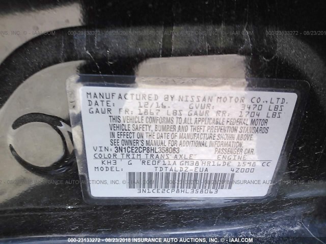 3N1CE2CP8HL358063 - 2017 NISSAN VERSA NOTE S/S PLUS/SV/SL/SR BLACK photo 9