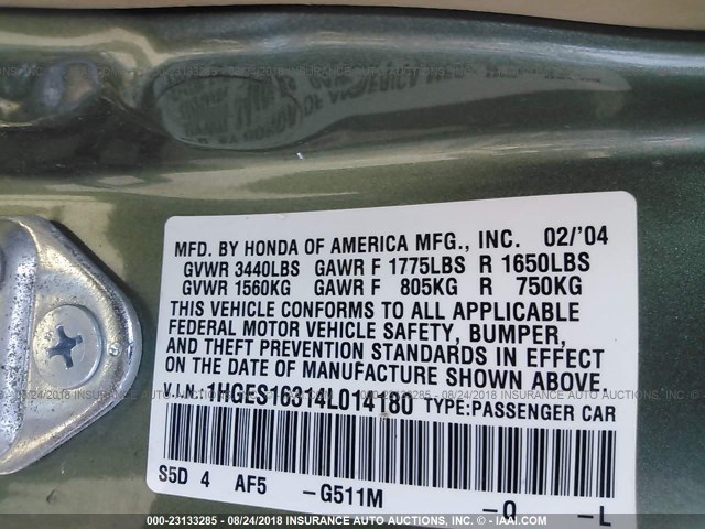 1HGES16314L014180 - 2004 HONDA CIVIC DX VP GREEN photo 9