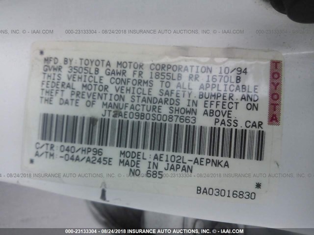 JT2AE09B0S0087663 - 1995 TOYOTA COROLLA LE/DX WHITE photo 9