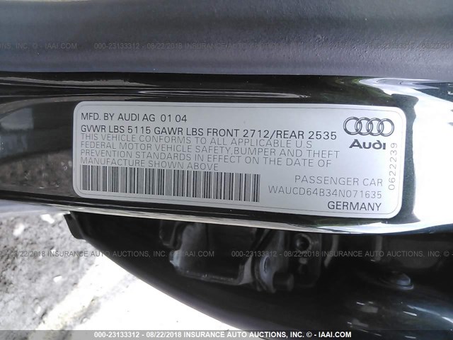 WAUCD64B34N071635 - 2004 AUDI A6 S-LINE QUATTRO GREEN photo 9