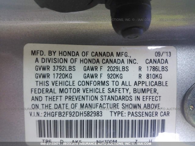 2HGFB2F92DH582983 - 2013 HONDA CIVIC EXL 银色 照片 9