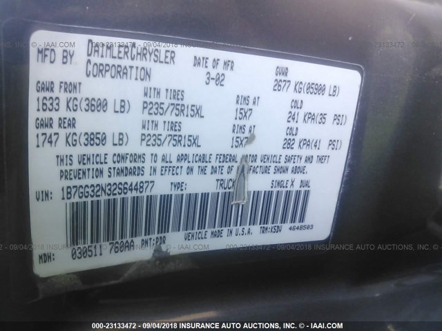 1B7GG32N32S644877 - 2002 DODGE DAKOTA SPORT/RT GRAY photo 9