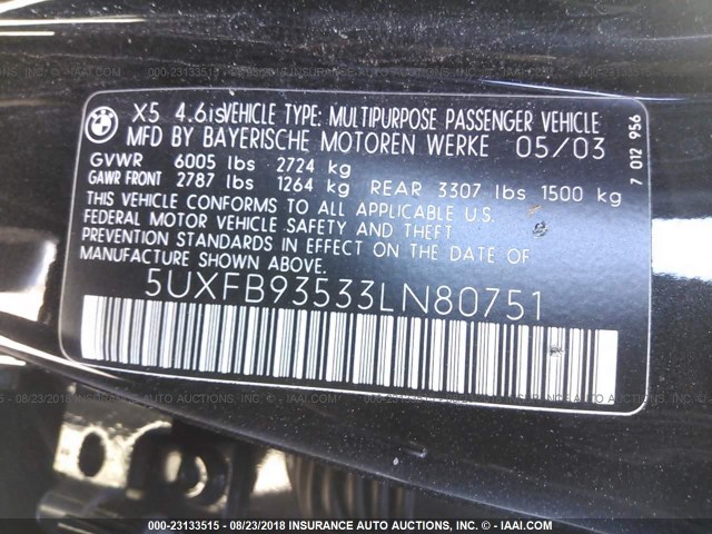 5UXFB93533LN80751 - 2003 BMW X5 4.6IS BLACK photo 9