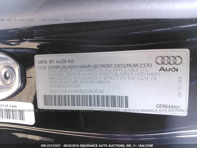 WAUWFAFR6BA040436 - 2011 AUDI A5 PRESTIGE BLACK photo 9