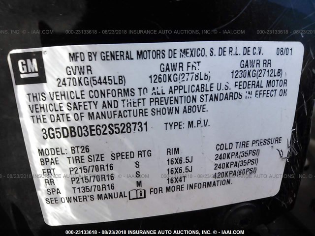 3G5DB03E62S528731 - 2002 BUICK RENDEZVOUS CX/CXL BLACK photo 9