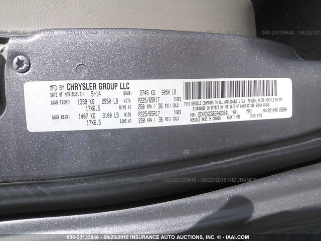 2C4RDGCG6ER423241 - 2014 DODGE GRAND CARAVAN SXT GRAY photo 9